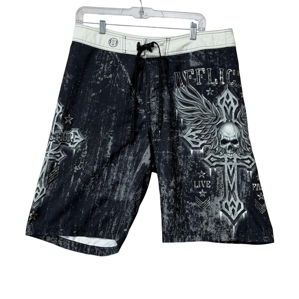 Affliction Swim Trunks Mens 34 Black Winged Cross Skull Y2K Graphic Board Shorts